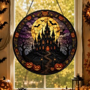 Halloween Stained Glass Window Hanging, Haunted House Suncatcher, Pumpkin Halloween Decor, Gothic Castle Wall Art - Style 2