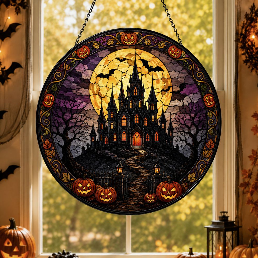 Halloween Stained Glass Window Hanging, Haunted House Suncatcher, Pumpkin Halloween Decor, Gothic Castle Wall Art - Style 2