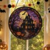 Halloween Stained Glass Window Hanging, Haunted House Suncatcher, Pumpkin Halloween Decor, Gothic Castle Wall Art - Style 3
