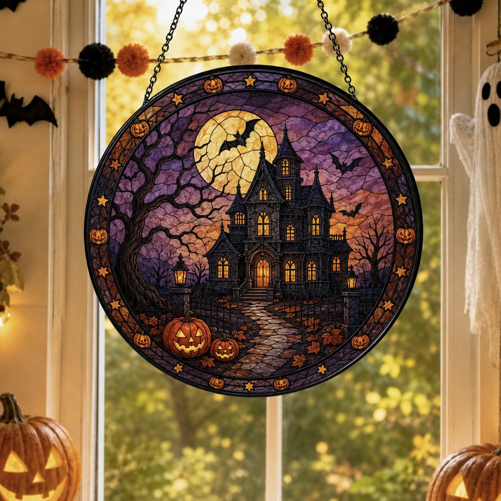 Halloween Stained Glass Window Hanging, Haunted House Suncatcher, Pumpkin Halloween Decor, Gothic Castle Wall Art - Style 3