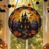 Halloween Stained Glass Window Hanging, Haunted House Suncatcher, Pumpkin Halloween Decor, Gothic Castle Wall Art - Style 4