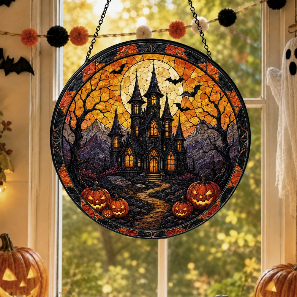 Halloween Stained Glass Window Hanging, Haunted House Suncatcher, Pumpkin Halloween Decor, Gothic Castle Wall Art - Style 4