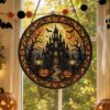 Halloween Stained Glass Window Hanging, Haunted House Suncatcher, Pumpkin Halloween Decor, Gothic Castle Wall Art - Style 5