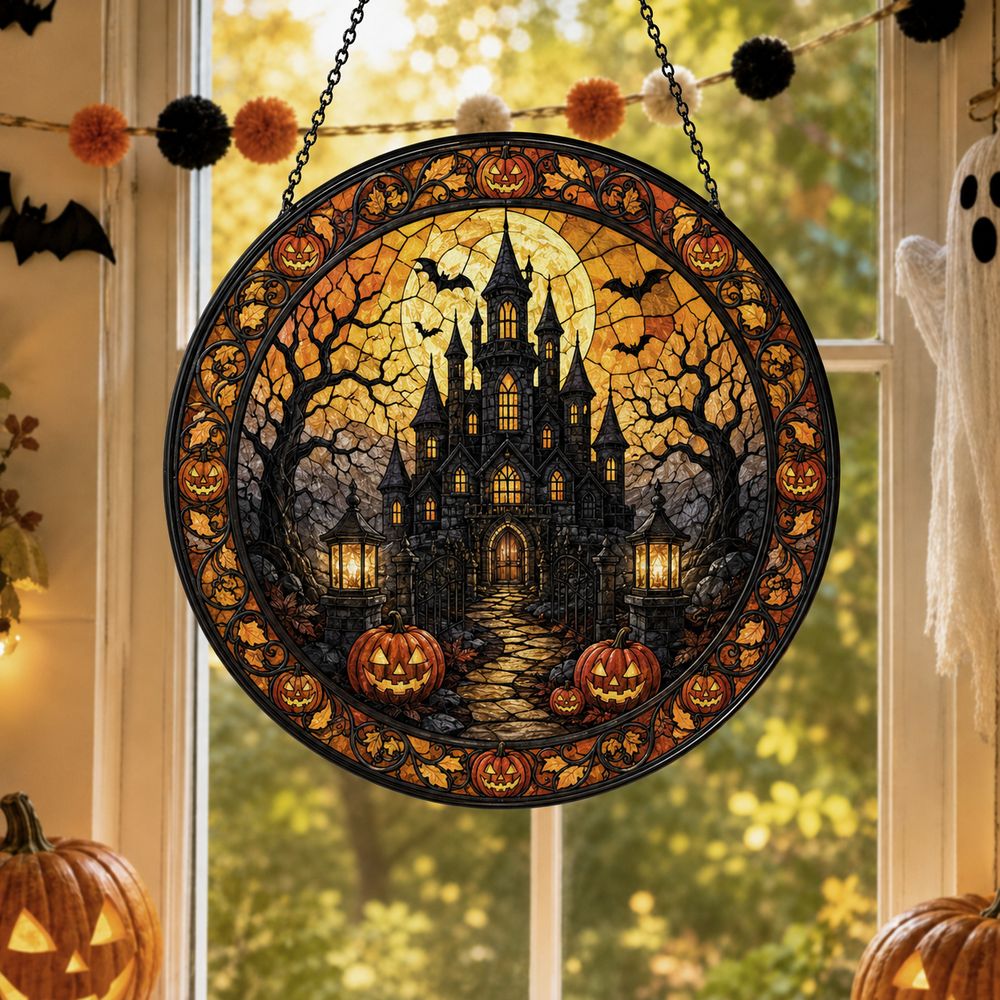 Halloween Stained Glass Window Hanging, Haunted House Suncatcher, Pumpkin Halloween Decor, Gothic Castle Wall Art - Style 5