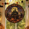 Halloween Stained Glass Window Hanging, Haunted House Suncatcher, Pumpkin Halloween Decor, Gothic Castle Wall Art - Style 6