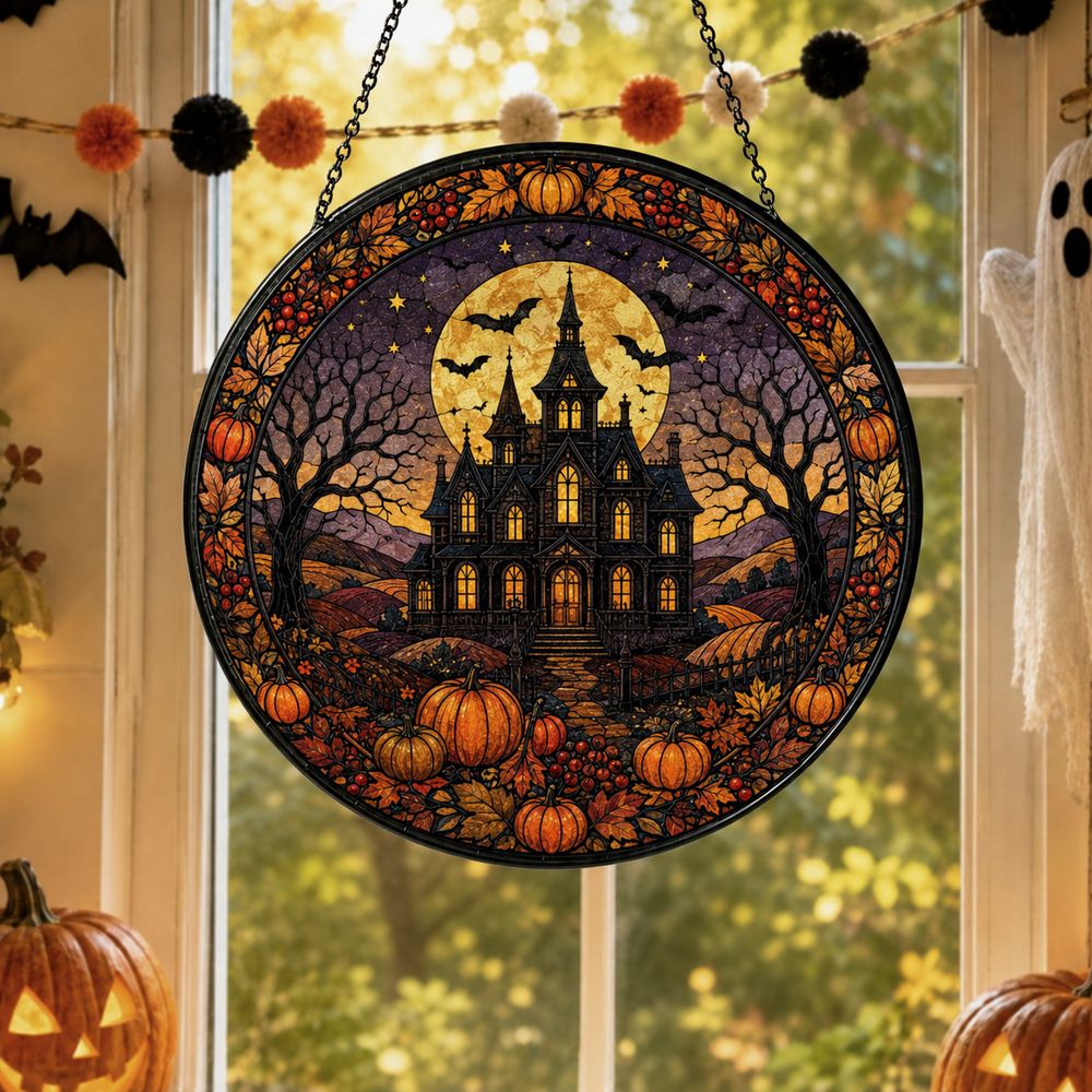 Halloween Stained Glass Window Hanging, Haunted House Suncatcher, Pumpkin Halloween Decor, Gothic Castle Wall Art - Style 6