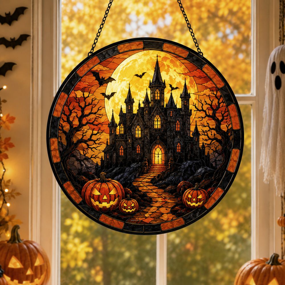 Halloween Stained Glass Window Hanging, Haunted House Suncatcher, Pumpkin Halloween Decor, Gothic Castle Wall Art - Style 7