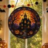 Halloween Stained Glass Window Hanging, Haunted House Suncatcher, Pumpkin Halloween Decor, Gothic Castle Wall Art - Style 8