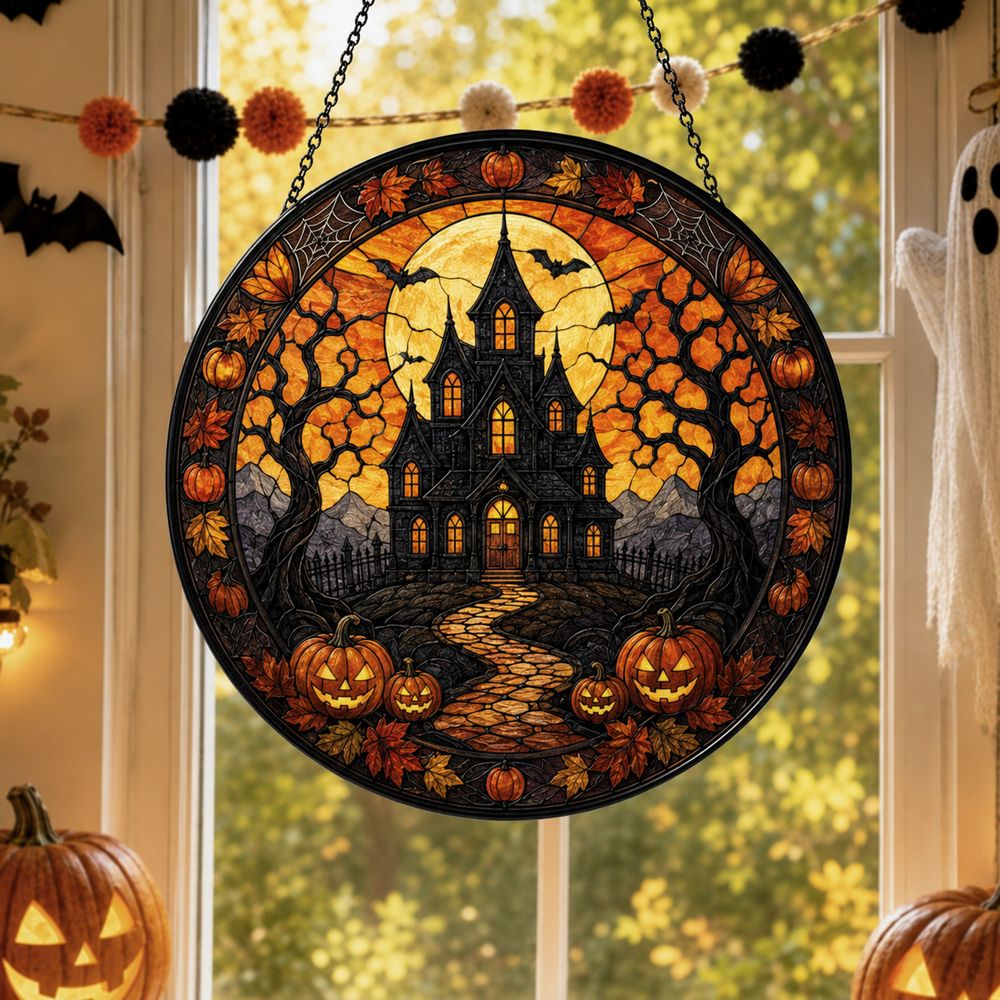 Halloween Stained Glass Window Hanging, Haunted House Suncatcher, Pumpkin Halloween Decor, Gothic Castle Wall Art - Style 9