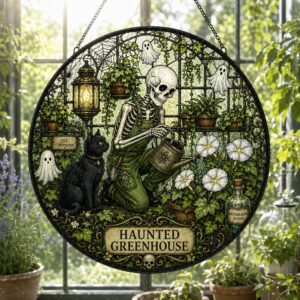 Halloween Suncatcher, Spooky Stained Glass Window Hanging, Skeleton Cat Gothic Decor, Witchy Halloween Gift For Home - Style 1