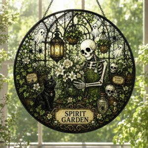 Halloween Suncatcher, Spooky Stained Glass Window Hanging, Skeleton Cat Gothic Decor, Witchy Halloween Gift For Home - Style 2