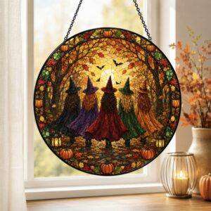 Halloween Witches Suncatcher, Stained Glass Window Hanging, Witchy Fall Decor, Autumn Forest Acrylic Ornament, Spooky Gift - Style 1