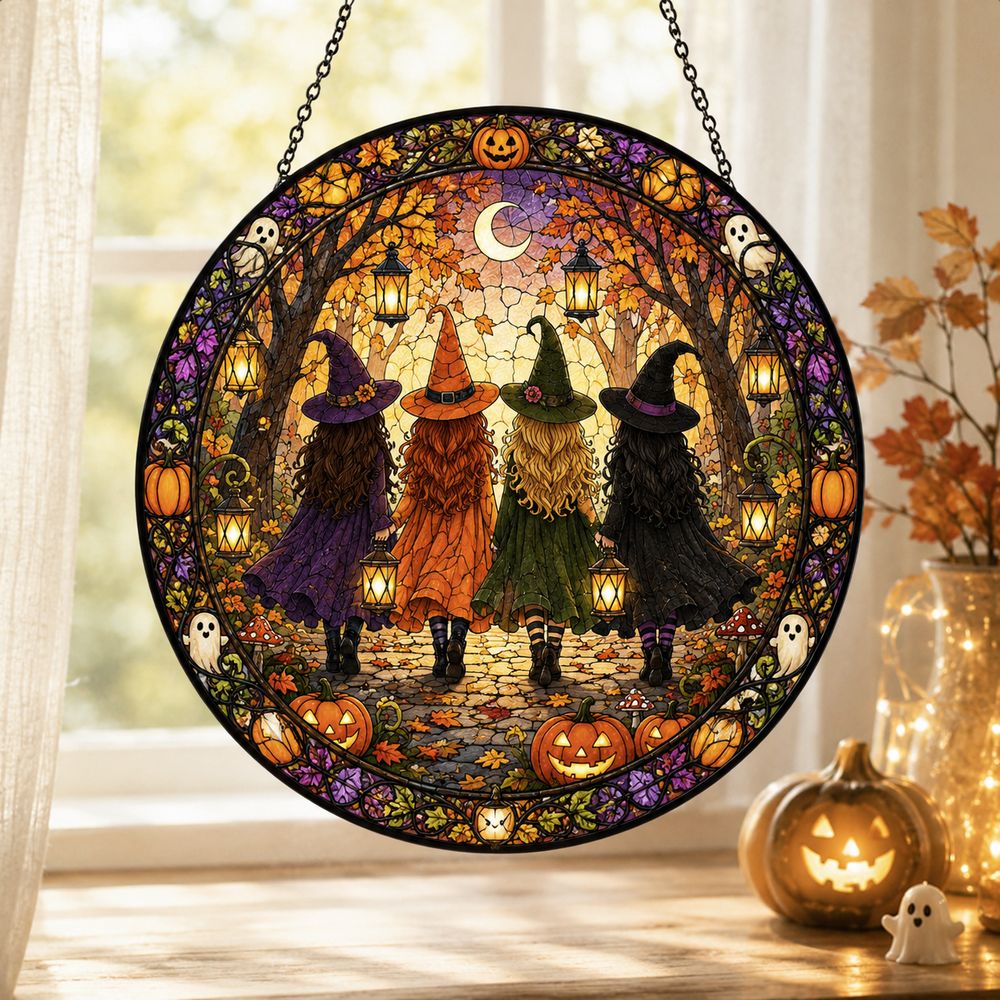 Halloween Witches Suncatcher, Stained Glass Window Hanging, Witchy Fall Decor, Autumn Forest Acrylic Ornament, Spooky Gift - Style 10