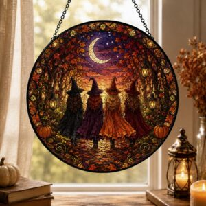 Halloween Witches Suncatcher, Stained Glass Window Hanging, Witchy Fall Decor, Autumn Forest Acrylic Ornament, Spooky Gift - Style 2
