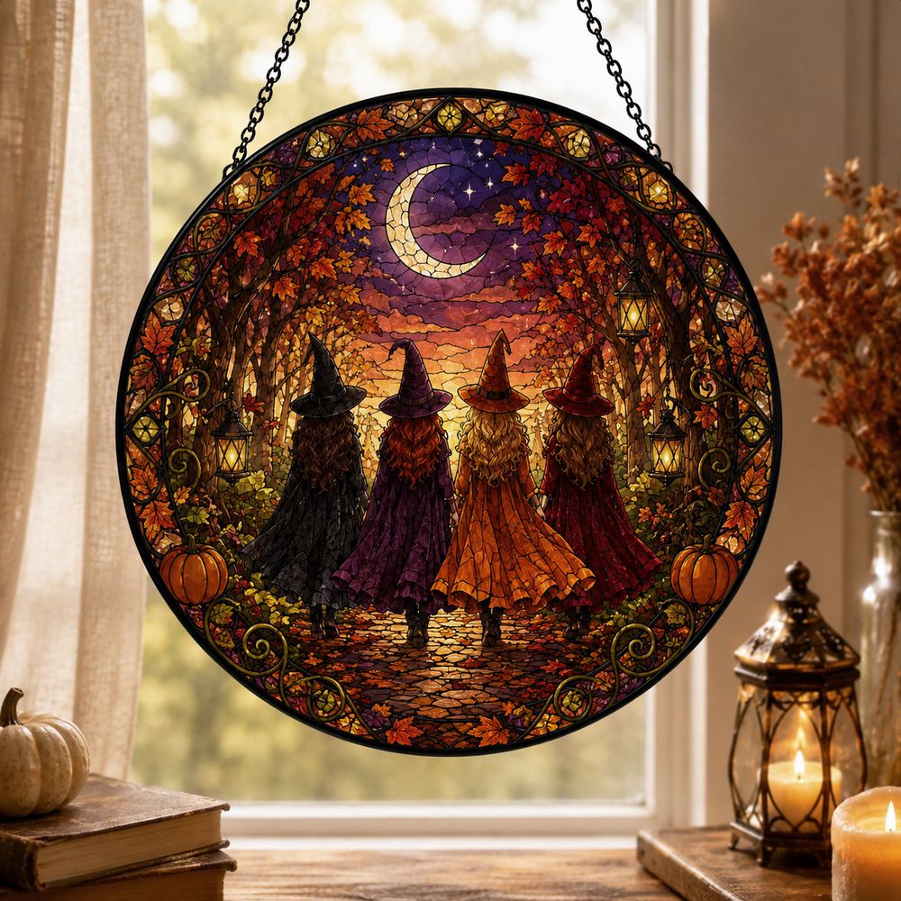 Halloween Witches Suncatcher, Stained Glass Window Hanging, Witchy Fall Decor, Autumn Forest Acrylic Ornament, Spooky Gift - Style 2