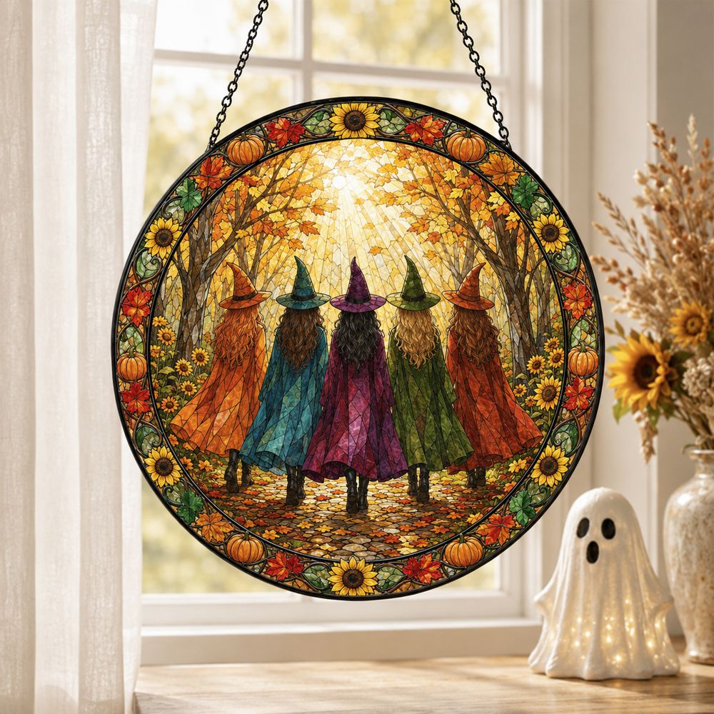 Halloween Witches Suncatcher, Stained Glass Window Hanging, Witchy Fall Decor, Autumn Forest Acrylic Ornament, Spooky Gift - Style 3