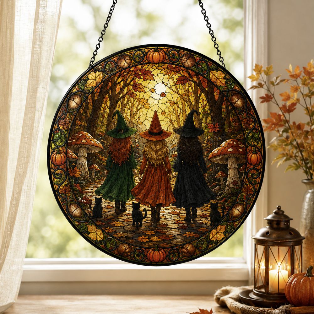 Halloween Witches Suncatcher, Stained Glass Window Hanging, Witchy Fall Decor, Autumn Forest Acrylic Ornament, Spooky Gift - Style 4