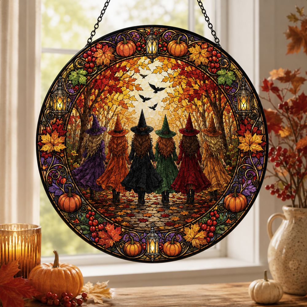 Halloween Witches Suncatcher, Stained Glass Window Hanging, Witchy Fall Decor, Autumn Forest Acrylic Ornament, Spooky Gift - Style 5