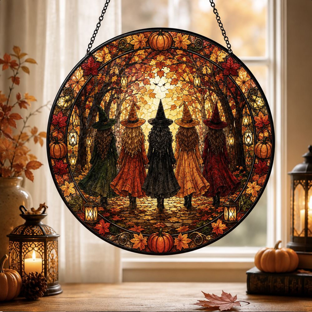 Halloween Witches Suncatcher, Stained Glass Window Hanging, Witchy Fall Decor, Autumn Forest Acrylic Ornament, Spooky Gift - Style 7