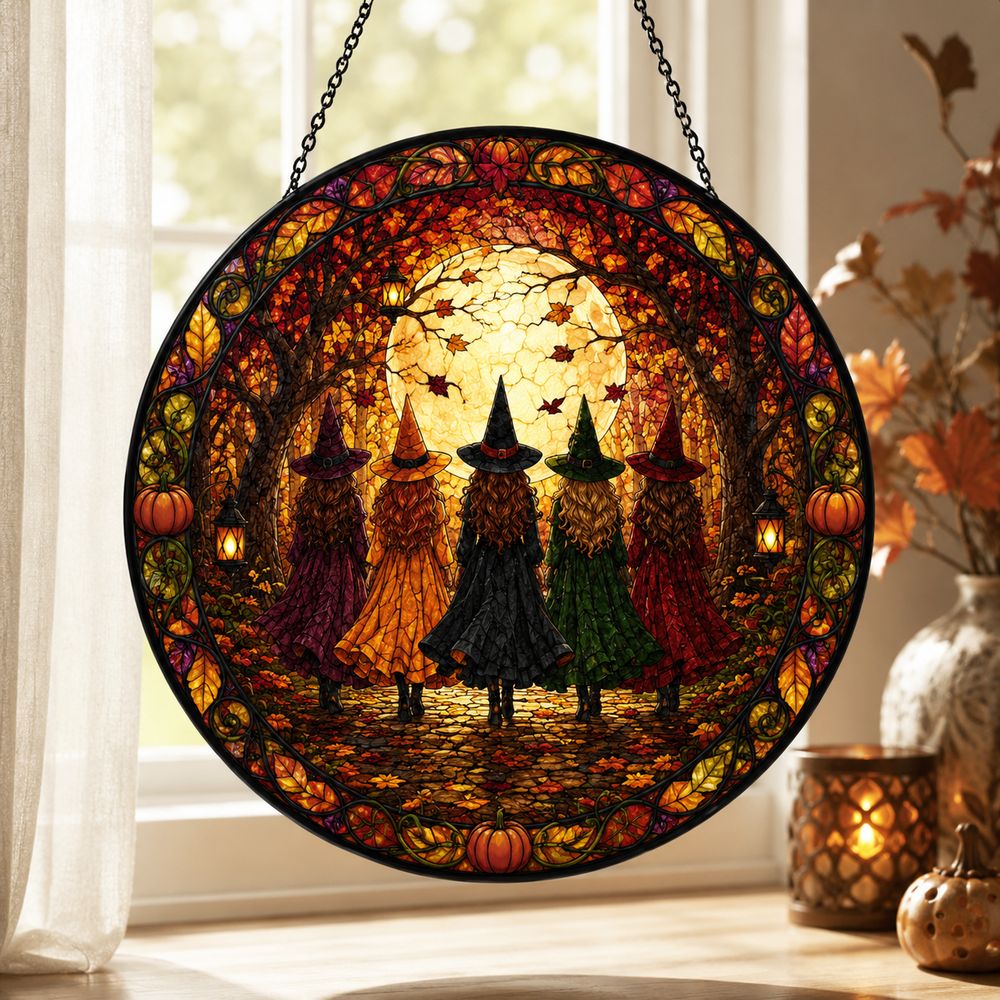 Halloween Witches Suncatcher, Stained Glass Window Hanging, Witchy Fall Decor, Autumn Forest Acrylic Ornament, Spooky Gift - Style 8