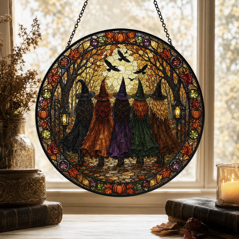 Halloween Witches Suncatcher, Stained Glass Window Hanging, Witchy Fall Decor, Autumn Forest Acrylic Ornament, Spooky Gift - Style 9