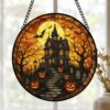 Haunted House Stained Glass Suncatcher, Spooky Pumpkin Path Design, Halloween Decor Accent, Horror Fans, Fall Gift Idea - Style 1