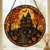 Haunted House Stained Glass Suncatcher, Spooky Pumpkin Path Design, Halloween Decor Accent, Horror Fans, Fall Gift Idea - Style 10