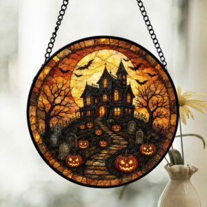 Haunted House Stained Glass Suncatcher, Spooky Pumpkin Path Design, Halloween Decor Accent, Horror Fans, Fall Gift Idea - Style 2