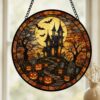 Haunted House Stained Glass Suncatcher, Spooky Pumpkin Path Design, Halloween Decor Accent, Horror Fans, Fall Gift Idea - Style 3