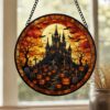Haunted House Stained Glass Suncatcher, Spooky Pumpkin Path Design, Halloween Decor Accent, Horror Fans, Fall Gift Idea - Style 4