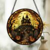 Haunted House Stained Glass Suncatcher, Spooky Pumpkin Path Design, Halloween Decor Accent, Horror Fans, Fall Gift Idea - Style 5