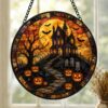 Haunted House Stained Glass Suncatcher, Spooky Pumpkin Path Design, Halloween Decor Accent, Horror Fans, Fall Gift Idea - Style 6