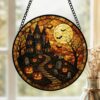 Haunted House Stained Glass Suncatcher, Spooky Pumpkin Path Design, Halloween Decor Accent, Horror Fans, Fall Gift Idea - Style 8