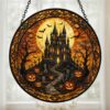 Haunted House Stained Glass Suncatcher, Spooky Pumpkin Path Design, Halloween Decor Accent, Horror Fans, Fall Gift Idea - Style 9