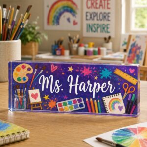 Personalized Art Teacher Name Desk Plaque, Custom Teacher Appreciation Gifts, Teacher Name Plate, Teacher Acrylic Block, New Teacher Gift - Style 1