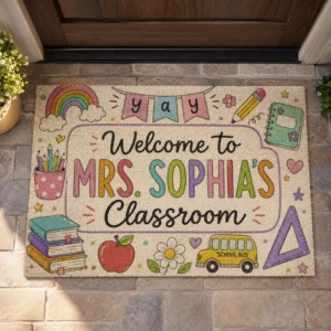 Personalized Classroom Doormat, Custom Teacher Name, Colorful Doodle Art, Teacher Appreciation Gift - Style 1
