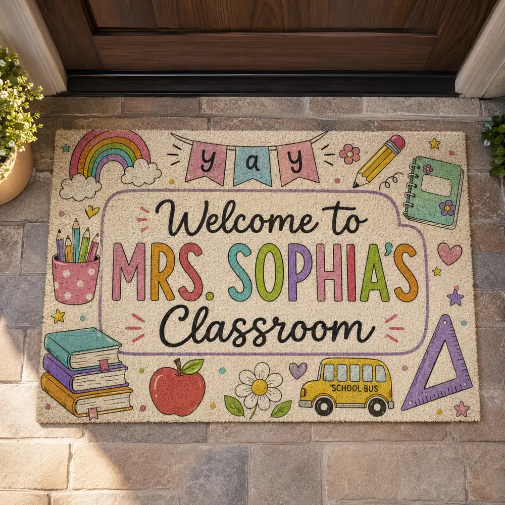 Personalized Classroom Doormat, Custom Teacher Name, Colorful Doodle Art, Teacher Appreciation Gift - Style 1