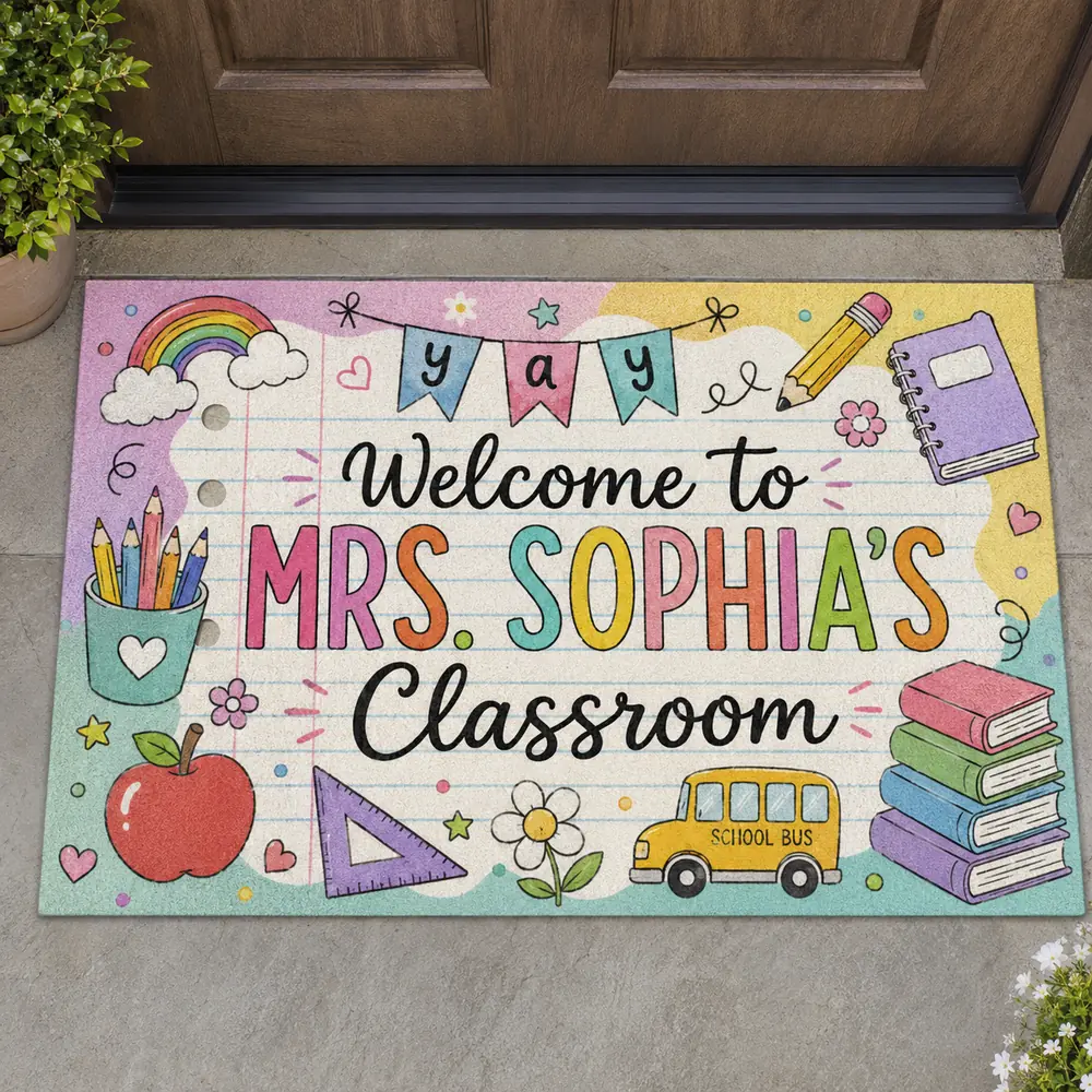 Personalized Classroom Doormat, Custom Teacher Name, Colorful Doodle Art, Teacher Appreciation Gift - Style 3