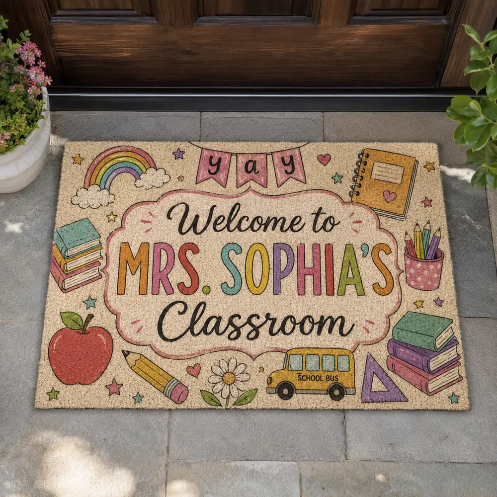 Personalized Classroom Doormat, Custom Teacher Name, Colorful Doodle Art, Teacher Appreciation Gift - Style 4