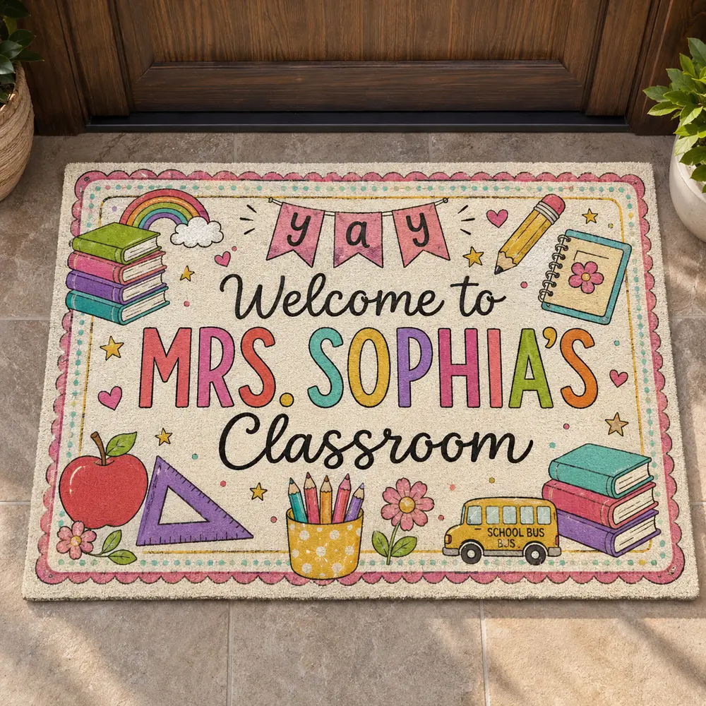 Personalized Classroom Doormat, Custom Teacher Name, Colorful Doodle Art, Teacher Appreciation Gift - Style 5