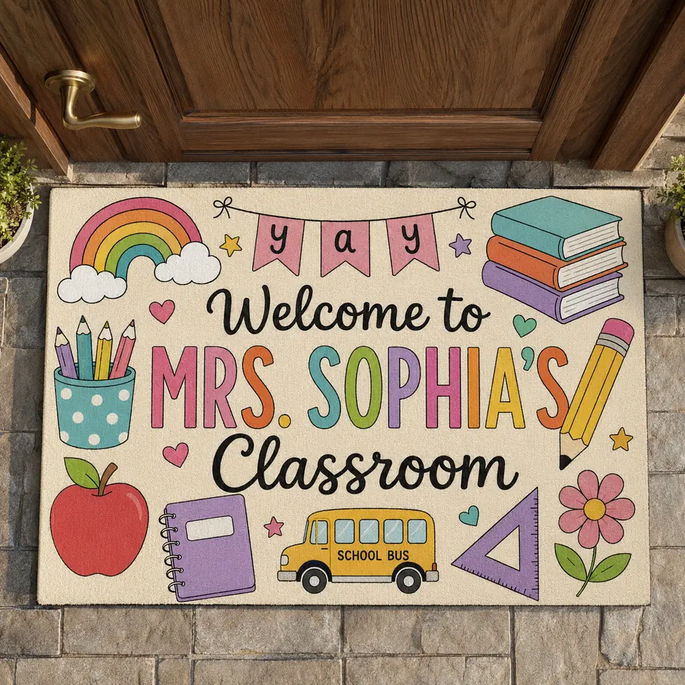 Personalized Classroom Doormat, Custom Teacher Name, Colorful Doodle Art, Teacher Appreciation Gift - Style 6