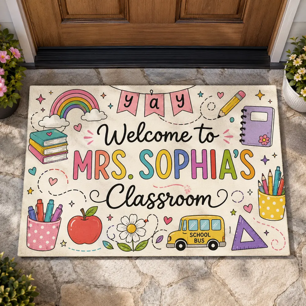 Personalized Classroom Doormat, Custom Teacher Name, Colorful Doodle Art, Teacher Appreciation Gift - Style 7