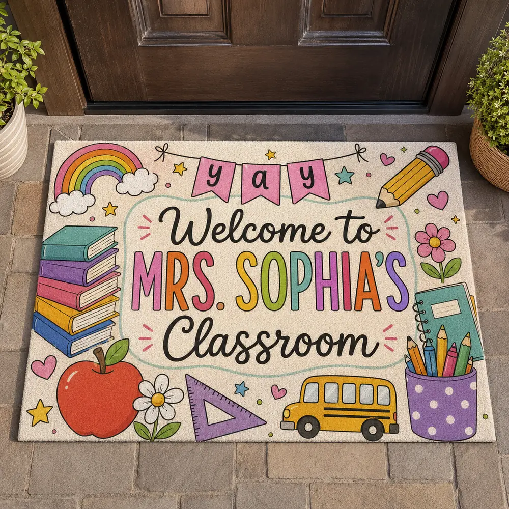Personalized Classroom Doormat, Custom Teacher Name, Colorful Doodle Art, Teacher Appreciation Gift - Style 8