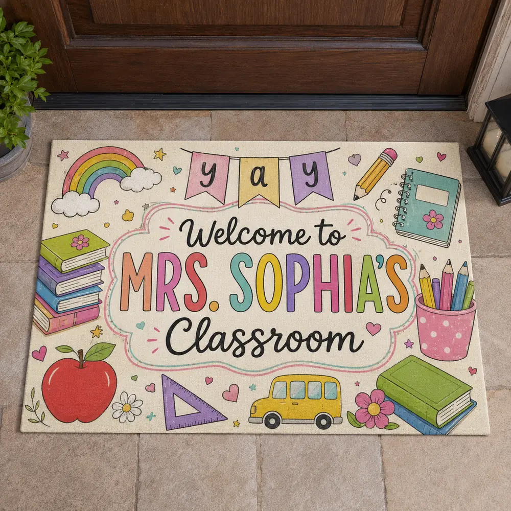 Personalized Classroom Doormat, Custom Teacher Name, Colorful Doodle Art, Teacher Appreciation Gift - Style 9