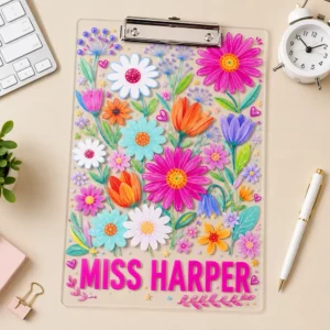 Personalized Florals Teacher Clipboard, Custom Name Acrylic Paper Clipboard, Back To School Gift, Teacher Appreciation Gift - Style 1