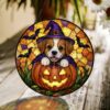 Personalized Suncatcher Stained Glass Puppy In Pumpkin Halloween Gift For Dog Lovers, Window Hanging - Style 1