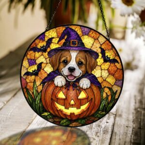 Personalized Suncatcher Stained Glass Puppy In Pumpkin Halloween Gift For Dog Lovers, Window Hanging - Style 1