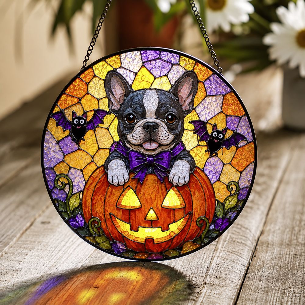 Personalized Suncatcher Stained Glass Puppy In Pumpkin Halloween Gift For Dog Lovers, Window Hanging - Style 10