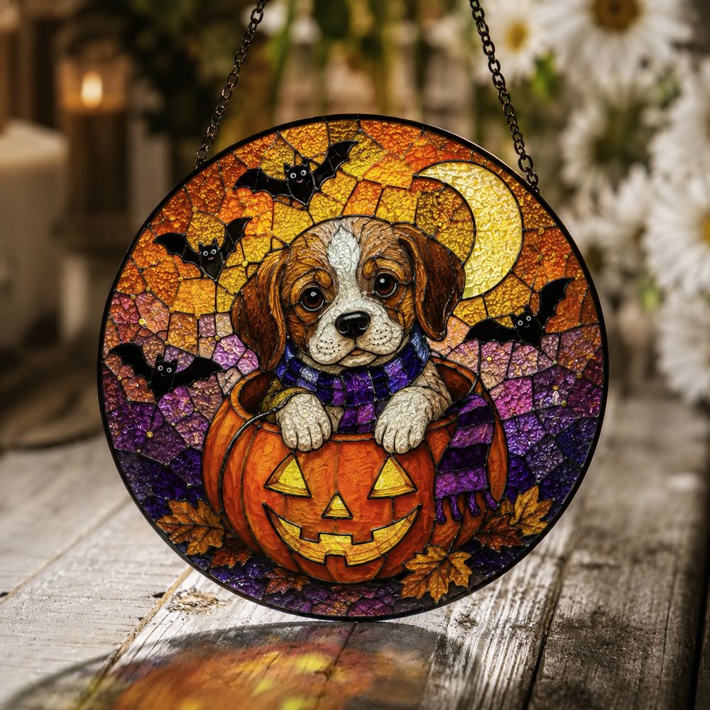Personalized Suncatcher Stained Glass Puppy In Pumpkin Halloween Gift For Dog Lovers, Window Hanging - Style 2