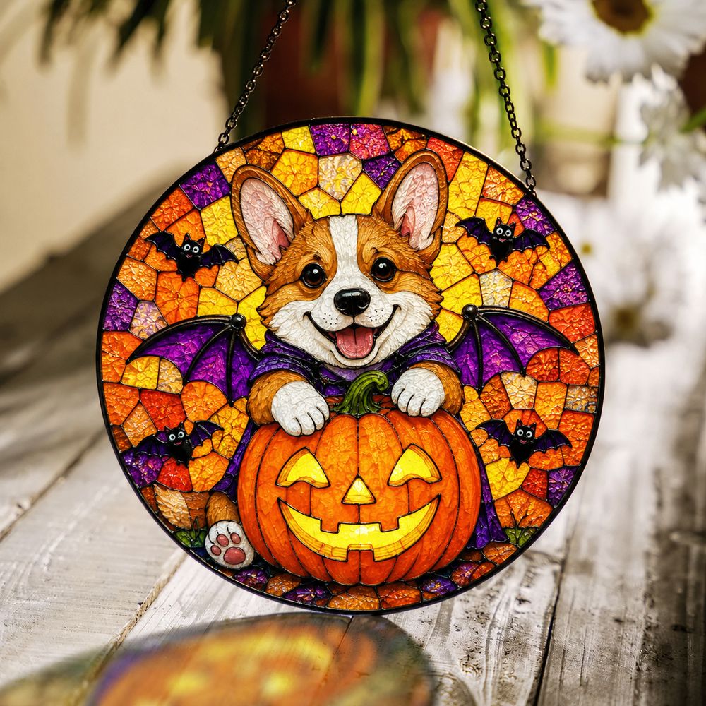 Personalized Suncatcher Stained Glass Puppy In Pumpkin Halloween Gift For Dog Lovers, Window Hanging - Style 3